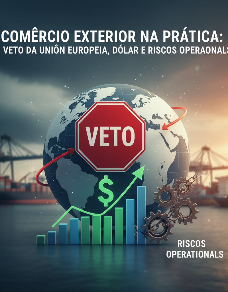 Capa do artigo: Comércio Exterior na Prática: Veto da União Europeia, Dólar e Riscos Operacionais